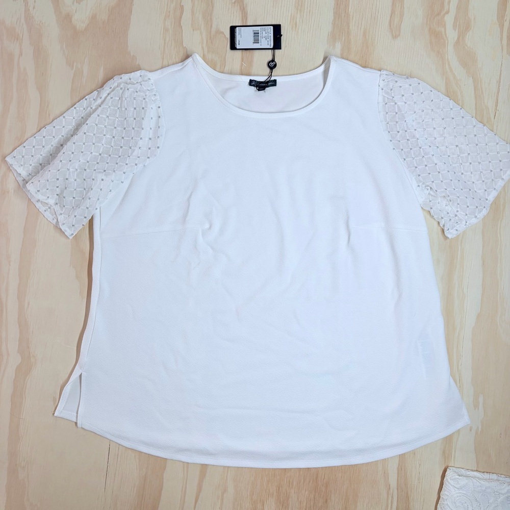Adrianna Papell Ivory Mesh Sleeve Blouse 1X Beaded Texture Top NWT